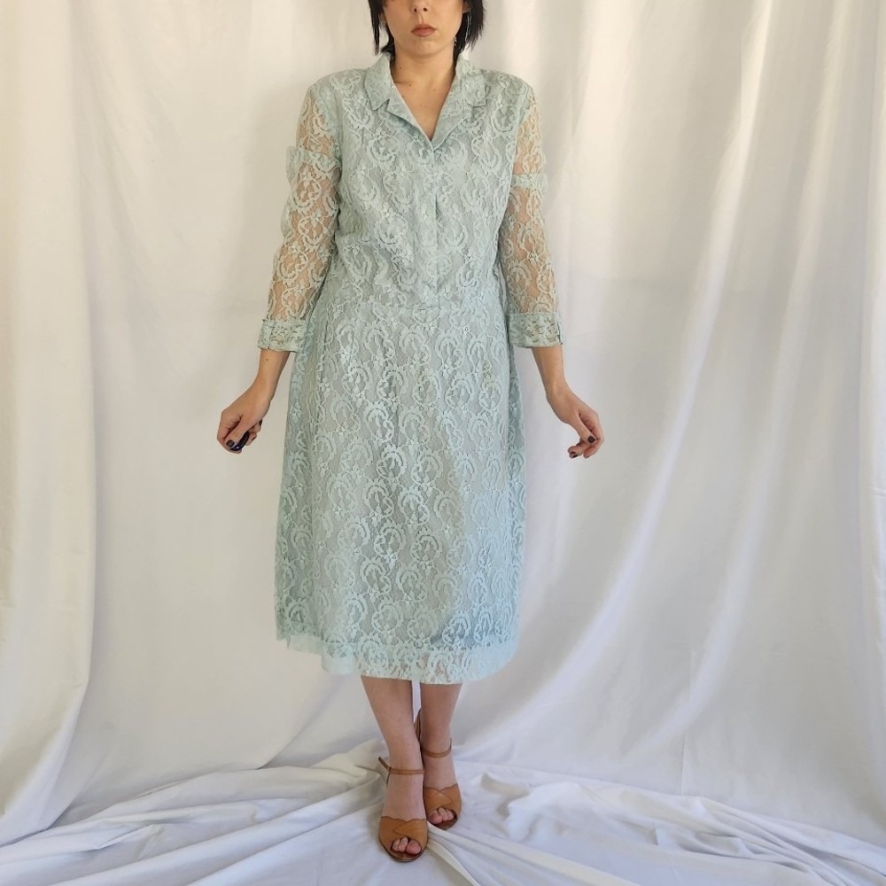 60s‎ Blue Lace Long Sleeve Dress